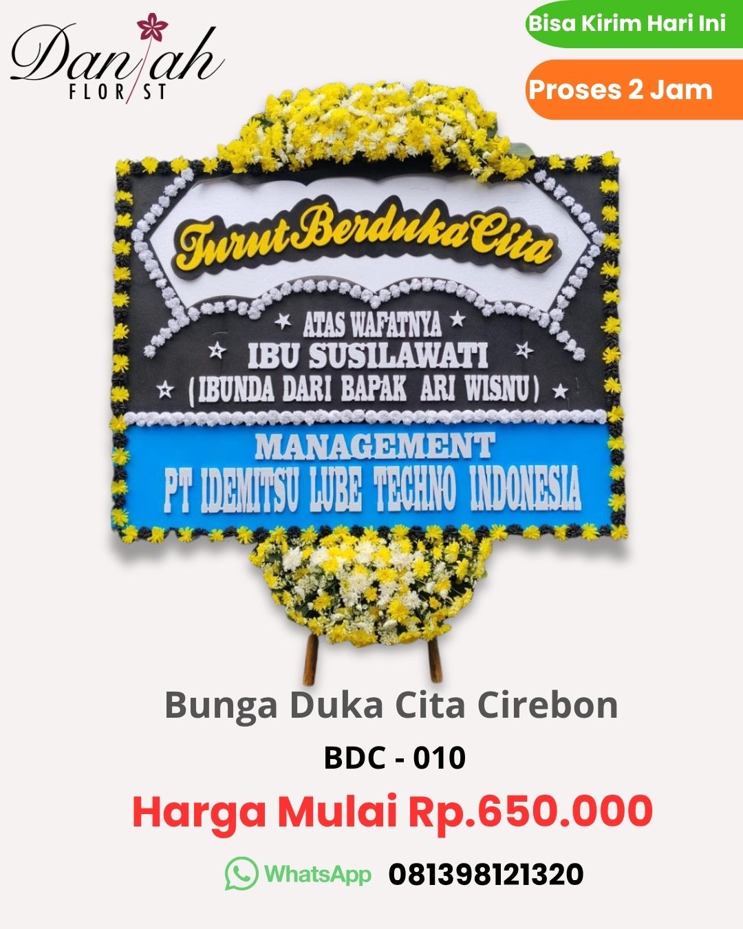 Bunga papan duka cita Cirebon desain elegan warna putih